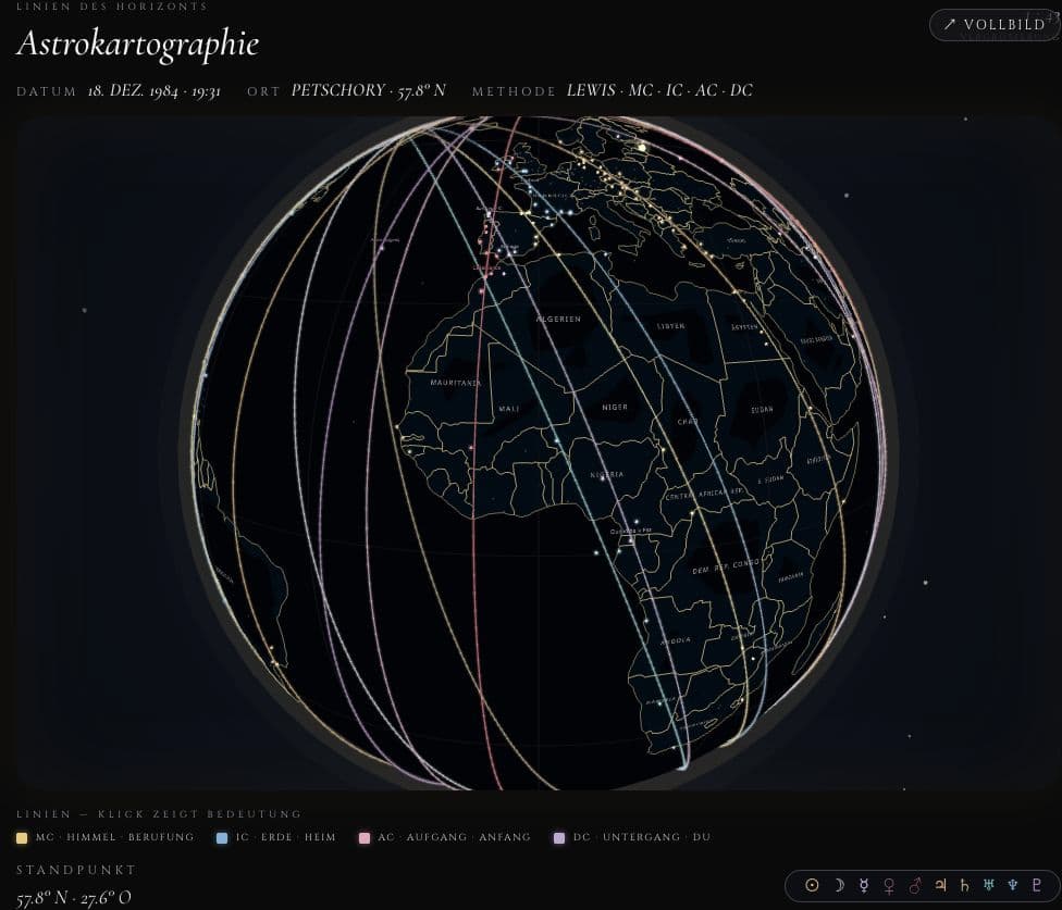 Astrocartography globe with planetary lines over Europe, Africa, and the Atlantic